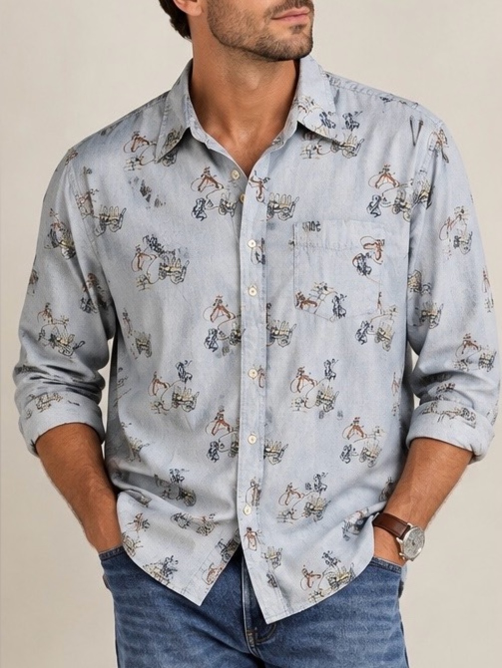 Vintage Roper Five Star Blue Western Button-Up Shirt Cowboy Print Men’s XL